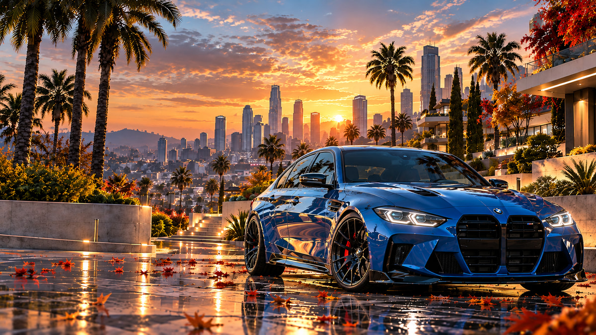 Синий BMW M3 игрока на мокрой террасе на закате, позади пальмы и небоскрёбы