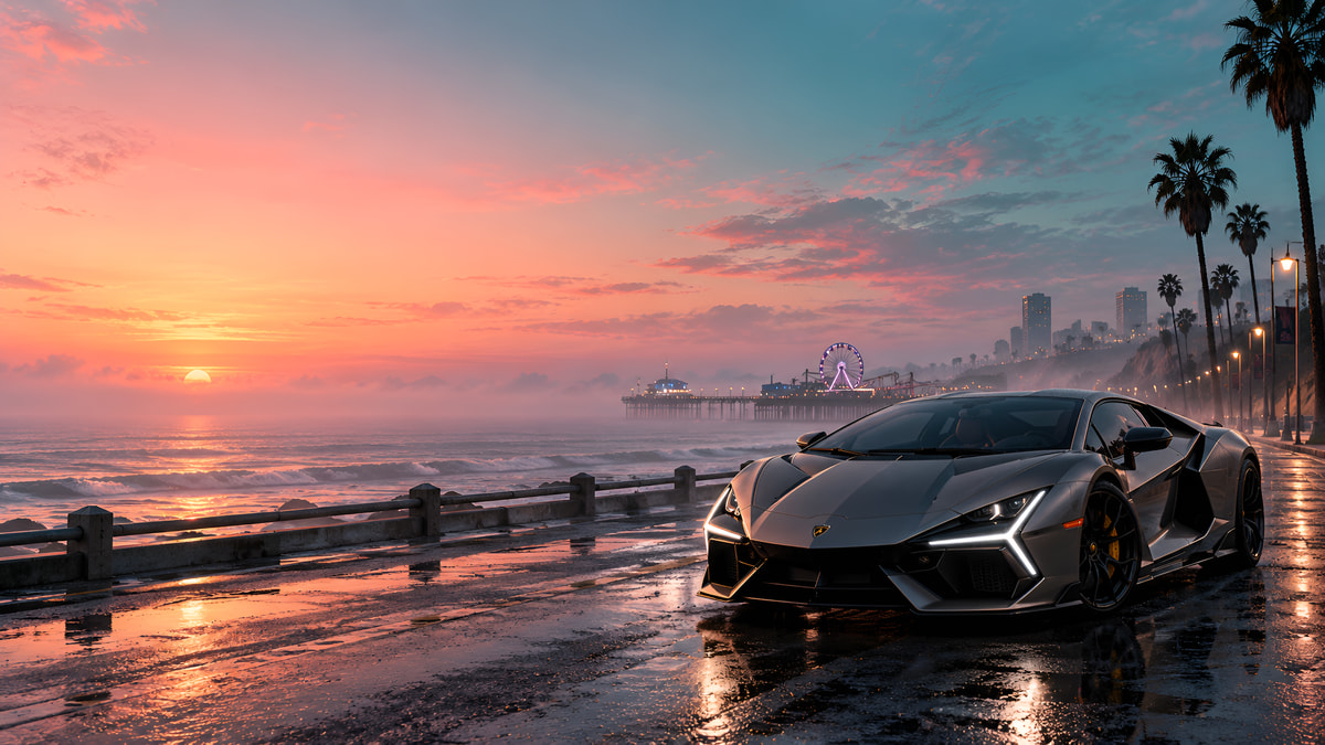 Графитовый Lamborghini игрока на мокрой набережной Лос-Сантоса на рассвете, позади пирс с колесом обозрения